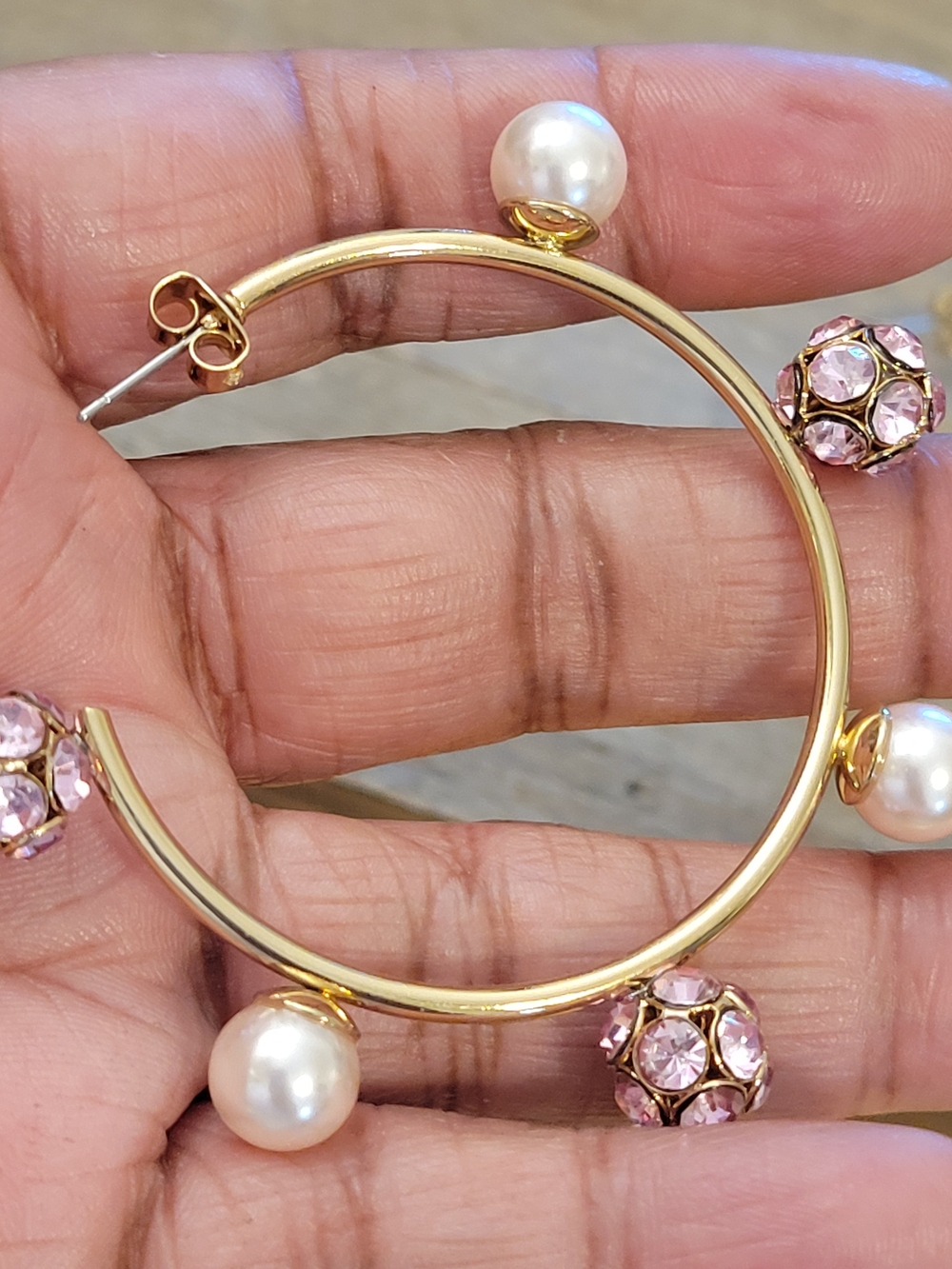 Pearl & Pink Rhinestone Hoops • Better Costume Jewelry • Goldtone • Pierced